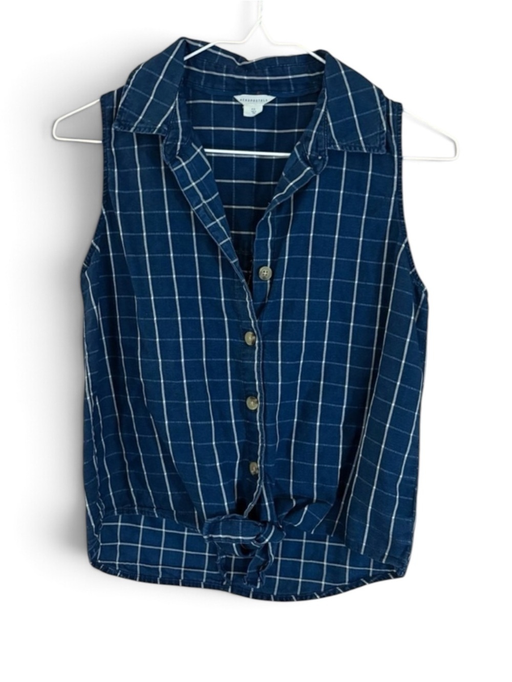 Aeropostale Blue Plaid 100% Cotton Sleeveless Front Tie Cropped Button Down Top